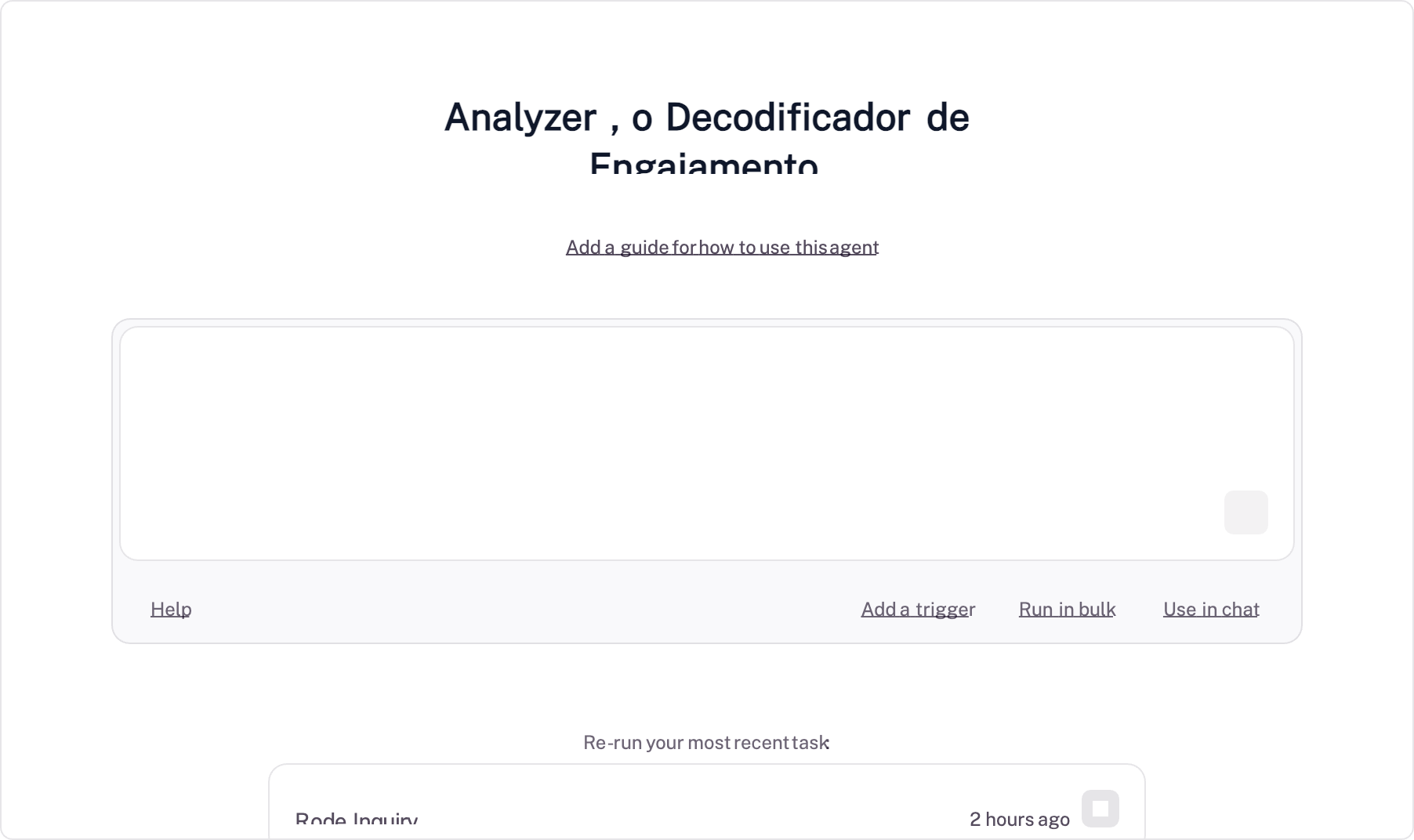 Aba Run do Relevance AI — Interface de execução com histórico de tasks e campo para criar nova tarefa
