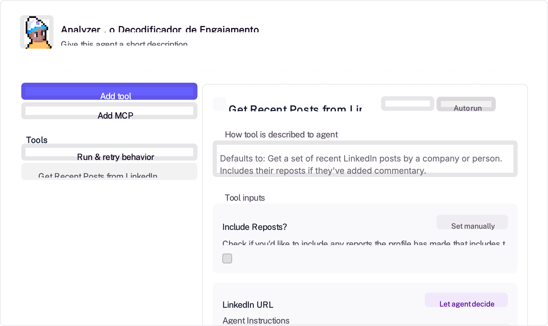 Seção Tools do Relevance AI — Tool Get Recent Posts from LinkedIn configurada com Auto run e detalhes de inputs