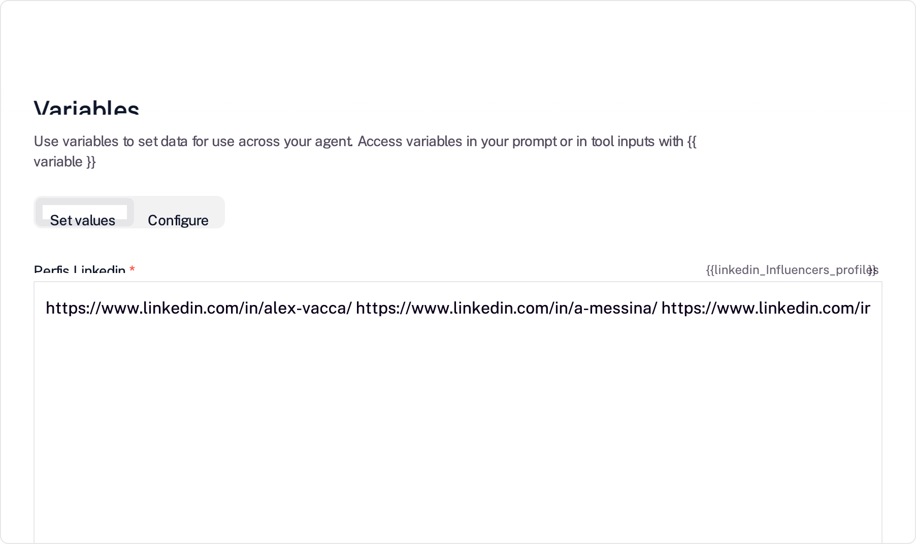 Seção Variables do Relevance AI — variável linkedin_Influencers_profiles com URLs de perfis do LinkedIn